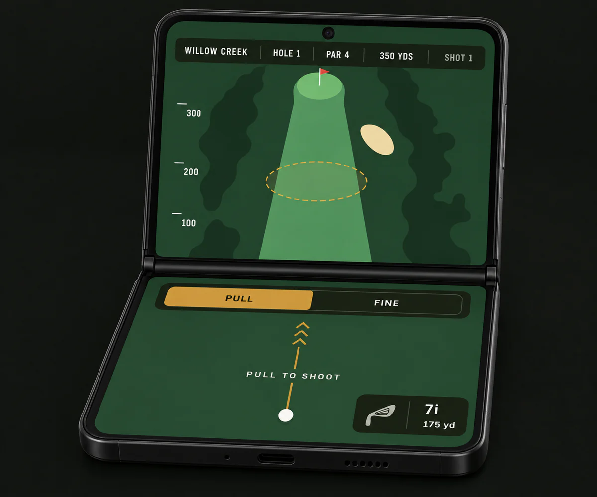Little Golf Club gameplay shown on a folding phone in tabletop mode